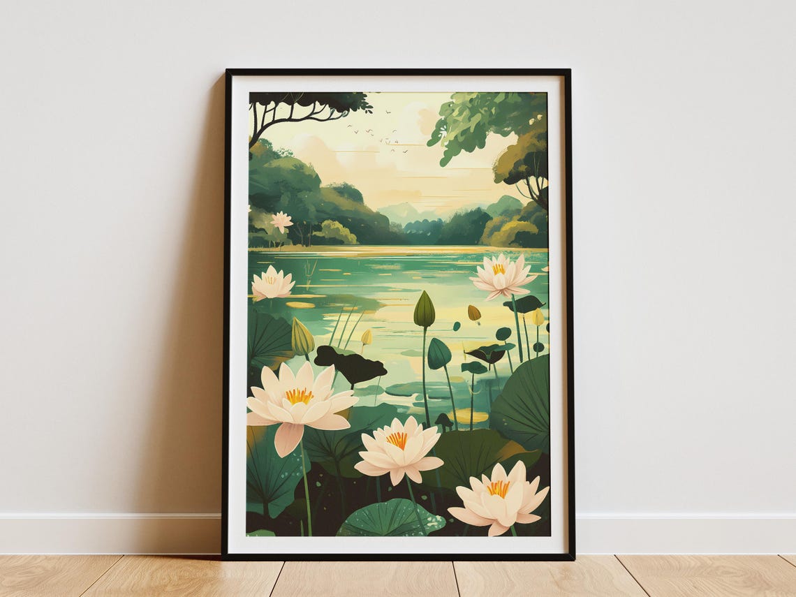 White Water Lilies Peaceful Lake Botanical Illustration Poster