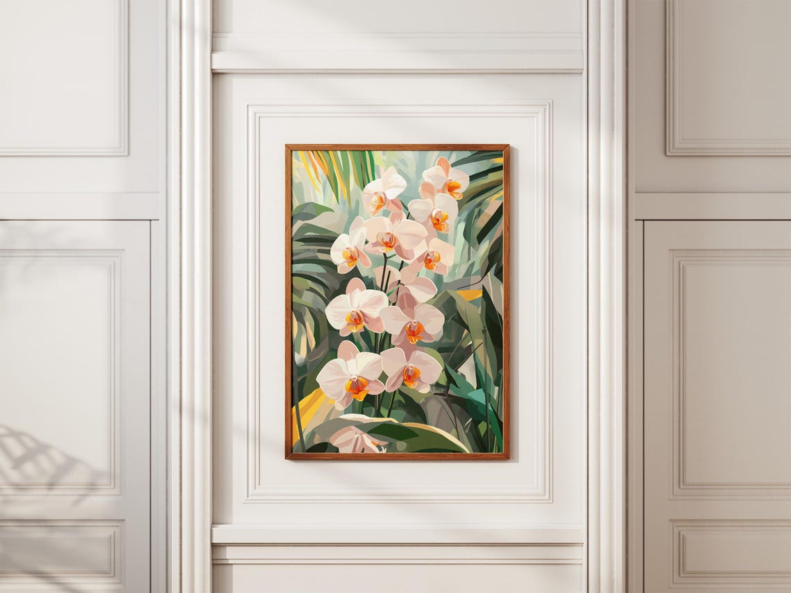 White Phalaenopsis Orchids Among Tropical Leaves Poster Bloom - Image 2