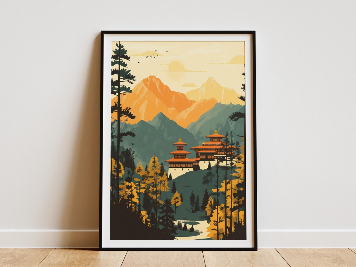 Bhutan Himalayan Monastery Golden Mountain Peaks Temple Art Poster