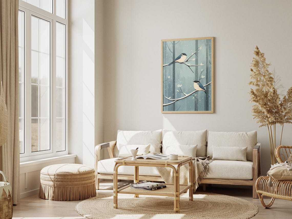 Two Blue Birds Perched on Frosty Branches in Falling Snow Poster - Image 4