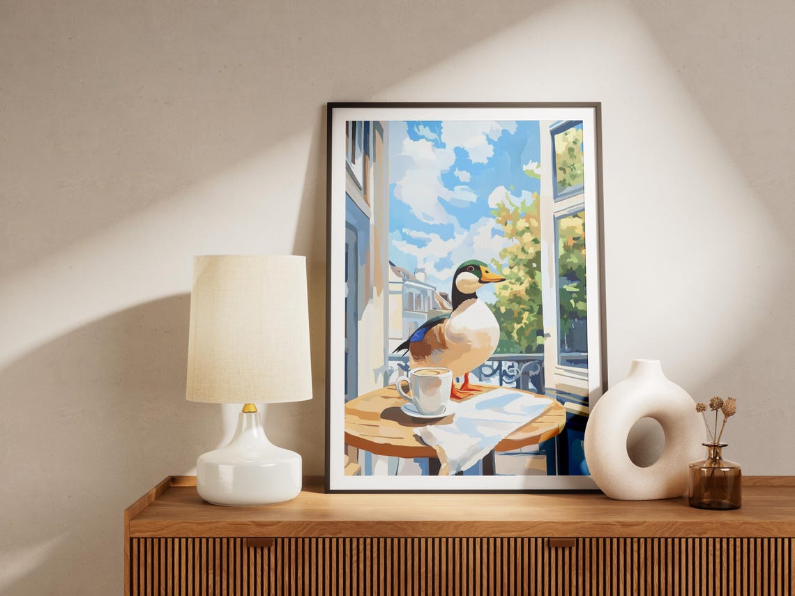 Mallard Duck on Cafe Table by Parisian Balcony Window Poster - Image 4