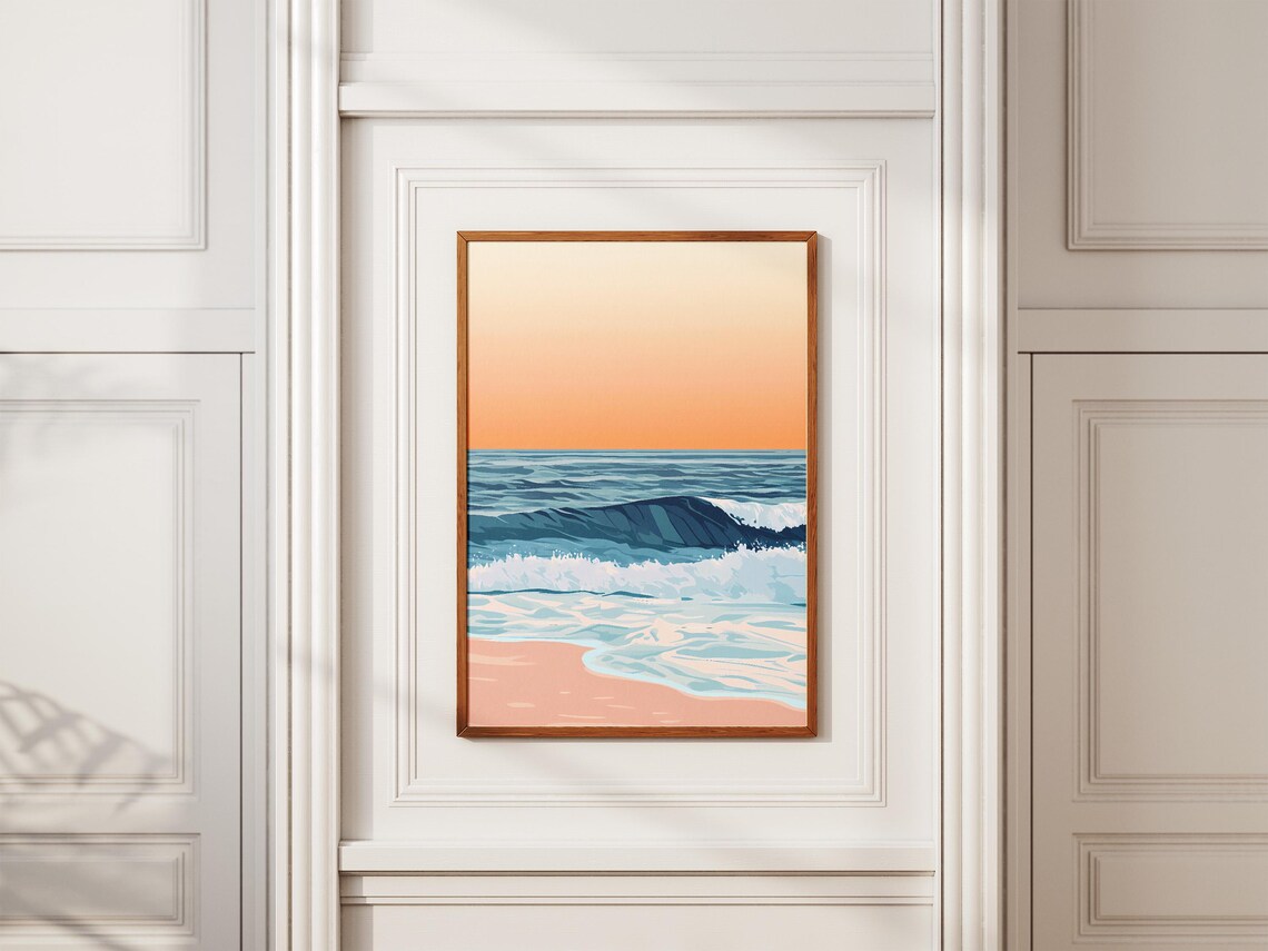 Blue Waves Breaking With Foam on a Pink Sand Beach at Sunset Poster - Image 2