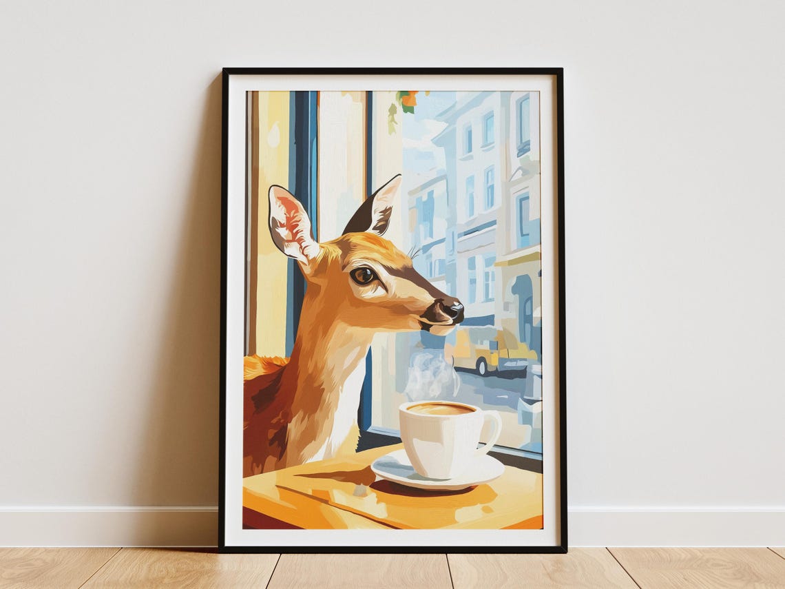 Deer with a Steaming Coffee Gazing Out a City Cafe Window Poster