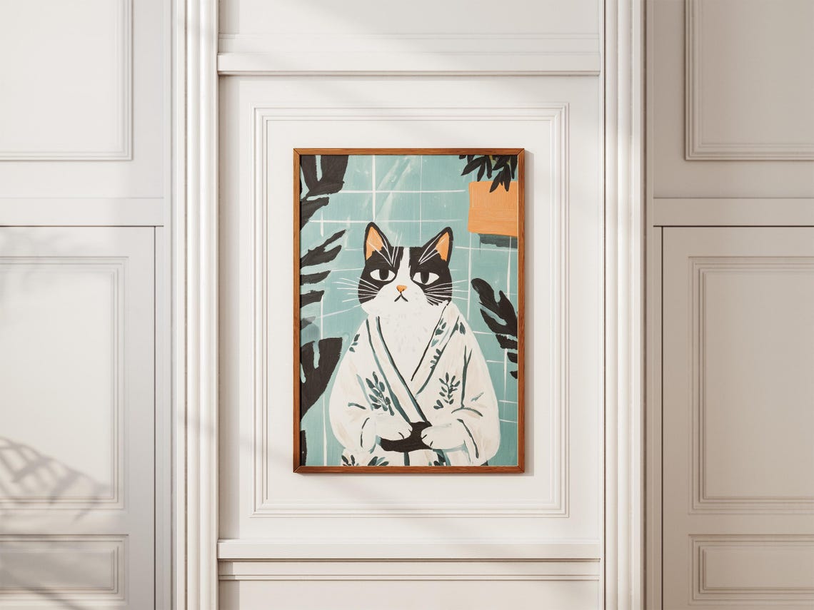 Black and White Cat in Botanical Bathrobe Green Tile Whimsical Poster - Image 2