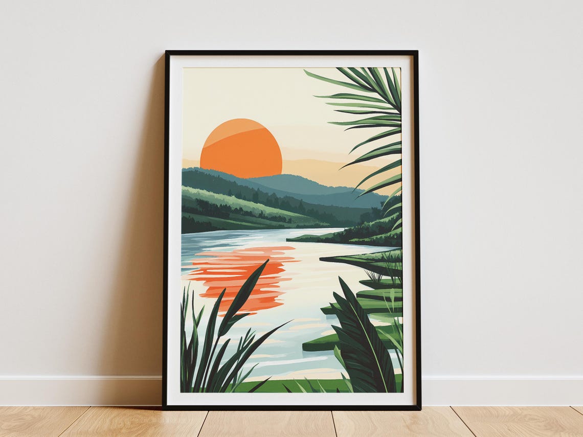 Orange Sun Over Tropical River Modern Botanical Sunset Poster