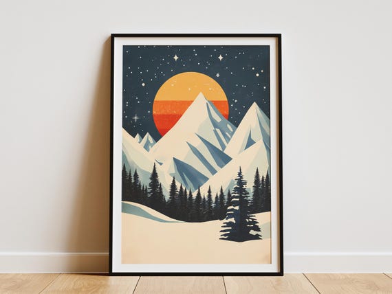 Snowy Mountain Landscape Vintage Travel Poster Print Geometric Mid Century Modern Winter Nature Art Home Decor Wall Art Christmas Gift