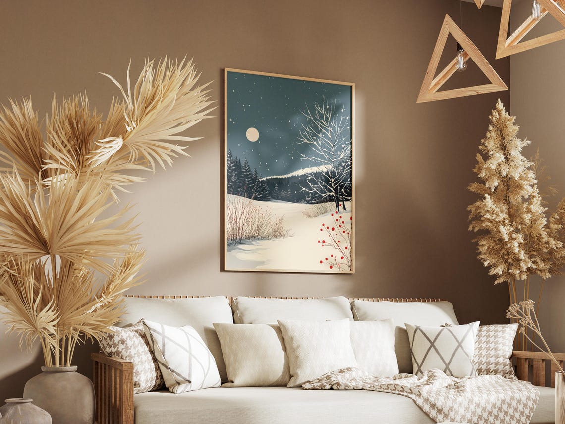 Snowy Winter Night Moonlit Meadow Red Berries Falling Snow Poster - Image 3