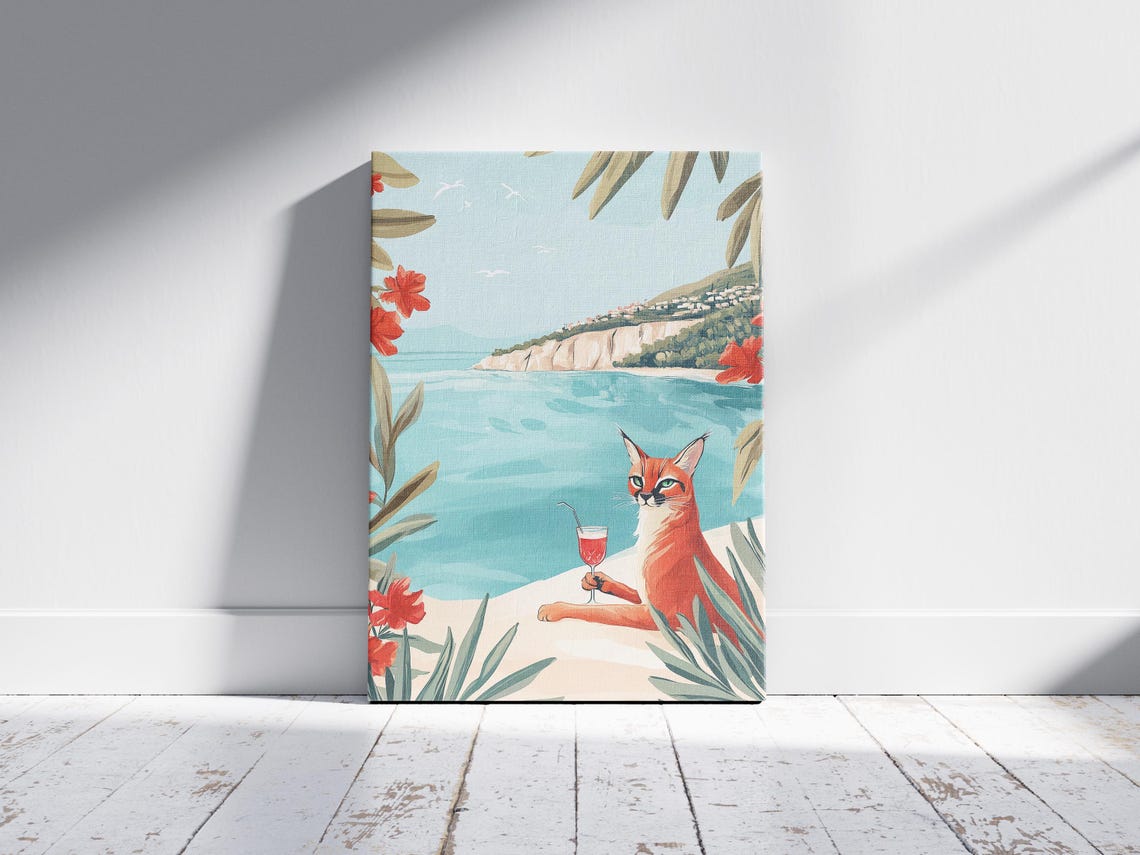 Caracal Cat Cocktail Seaside Hibiscus Flowers Relaxation Poster - Image 2