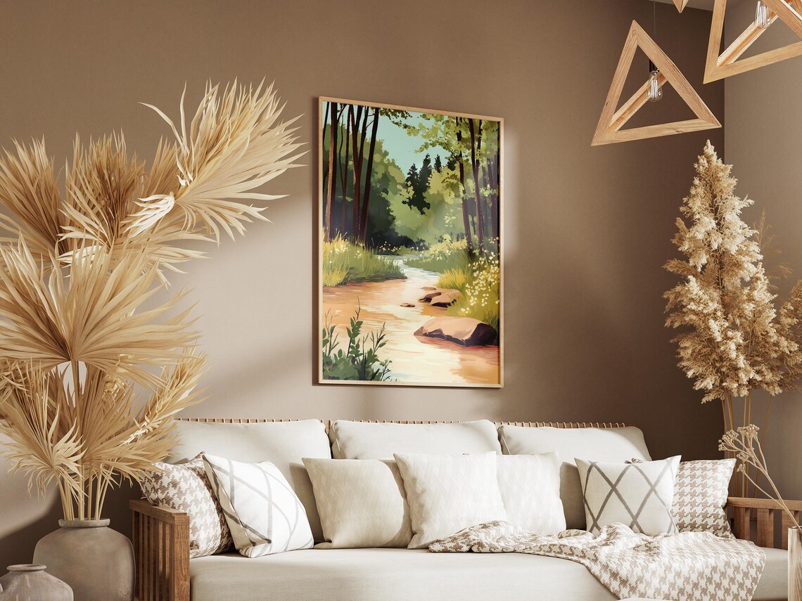 Sunlit Forest Stream Warm Water Tall Trees Wildflowers Nature Poster - Image 3