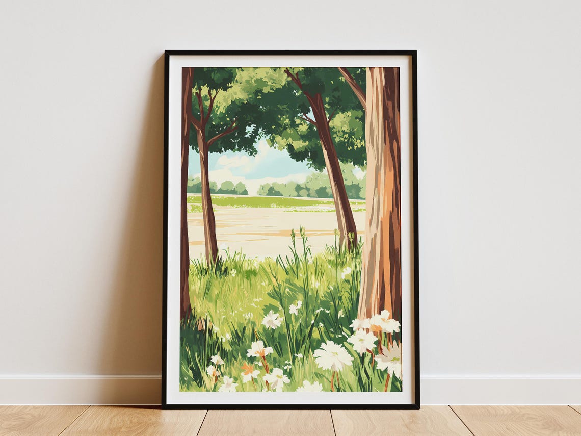 Summer Meadow With White Daisies Between Two Tall Trees Poster