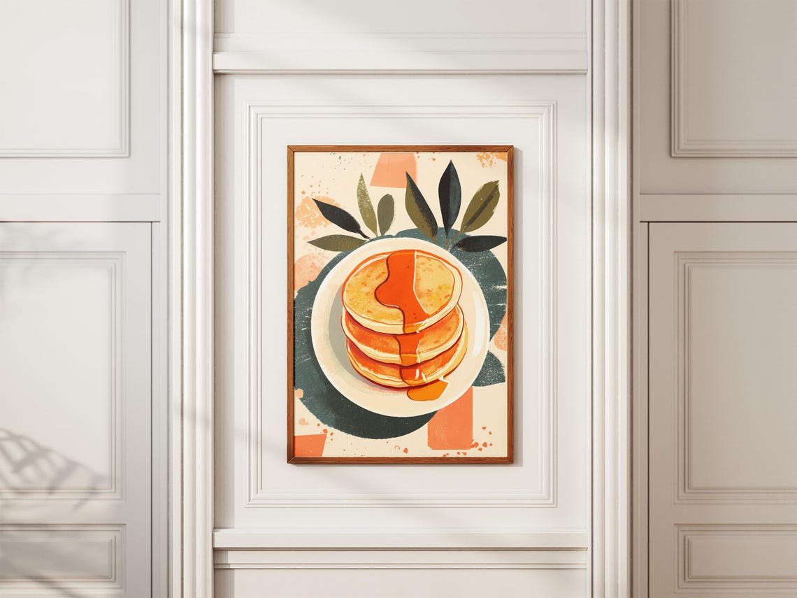 Stacked Pancakes with Syrup Retro Botanical Breakfast Poster - Image 2