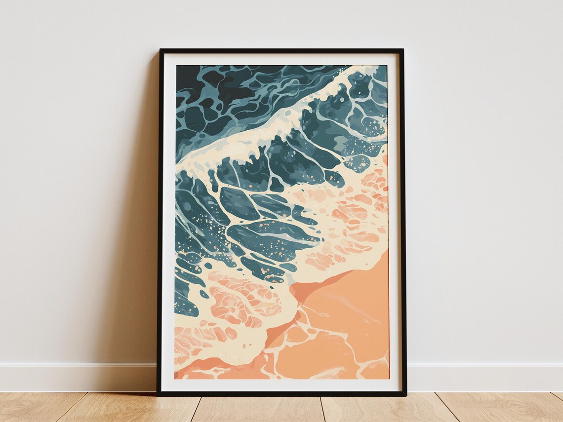 Aerial Ocean Foam Swirls in Teal and Peach on a Sandy Shore Poster