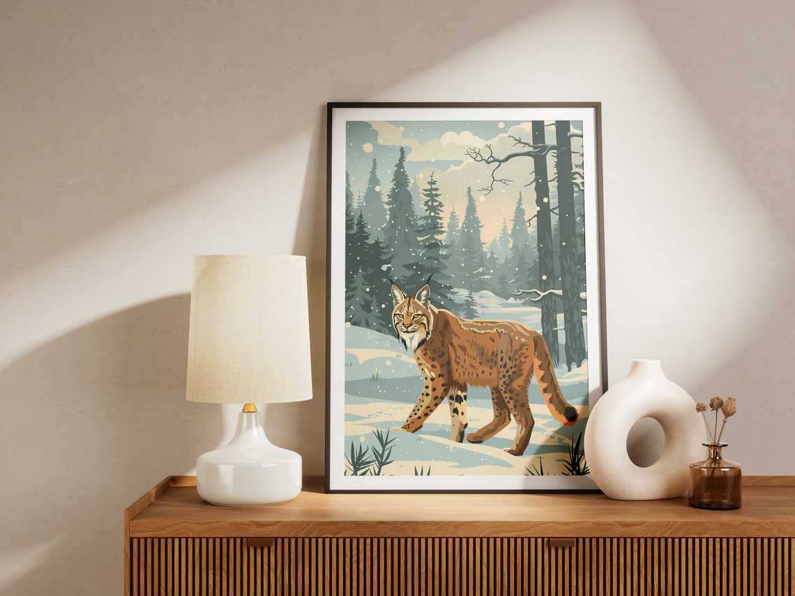 Lynx Winter Forest Snowy Pines Spotted Wildcat Nature Poster - Image 2