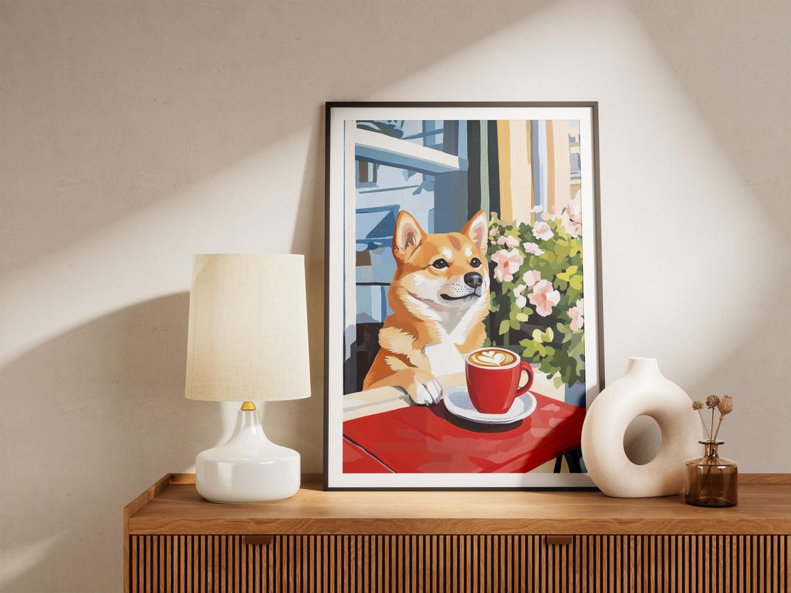 Shiba Inu Dog With Red Latte Cup Floral Cafe Table Art Poster - Image 4