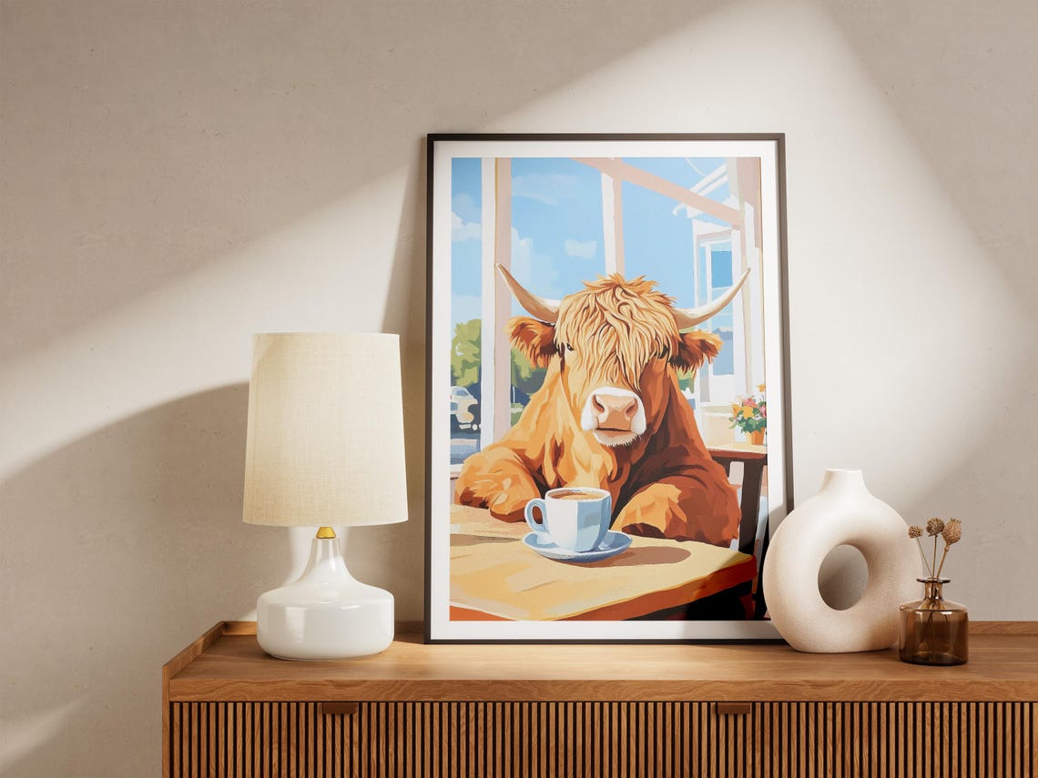 Shaggy Highland Cow with Coffee at Bright Cafe Window Poster - Image 4