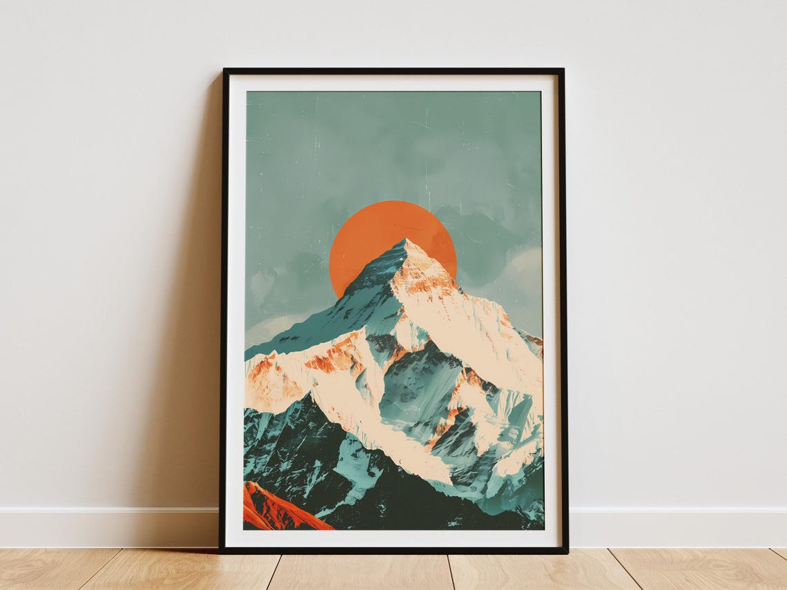 Snowy Mountain Peak Red Sun Vintage Minimalist Alpine Art Poster