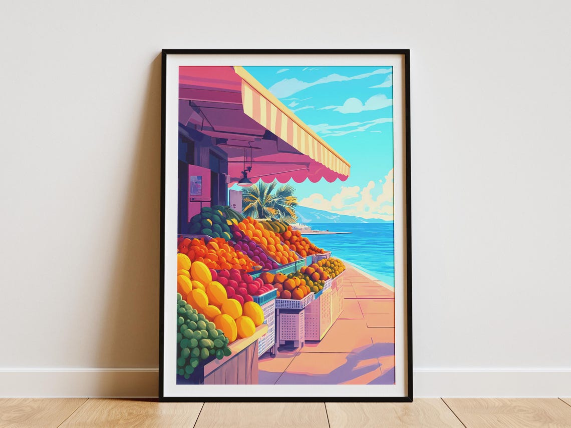 Vibrant Seaside Fruit Market Stall Under a Striped Awning Poster