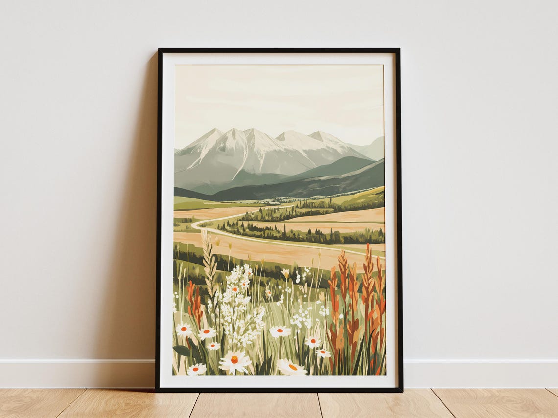 Snowy Mountain Range Over Wildflower Meadow Country Vista Poster