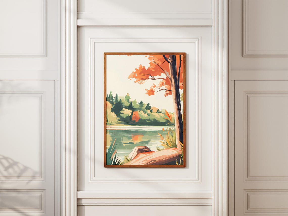 Autumn Tree With Orange Leaves Beside A Still Forest Lake Log Poster - Image 2