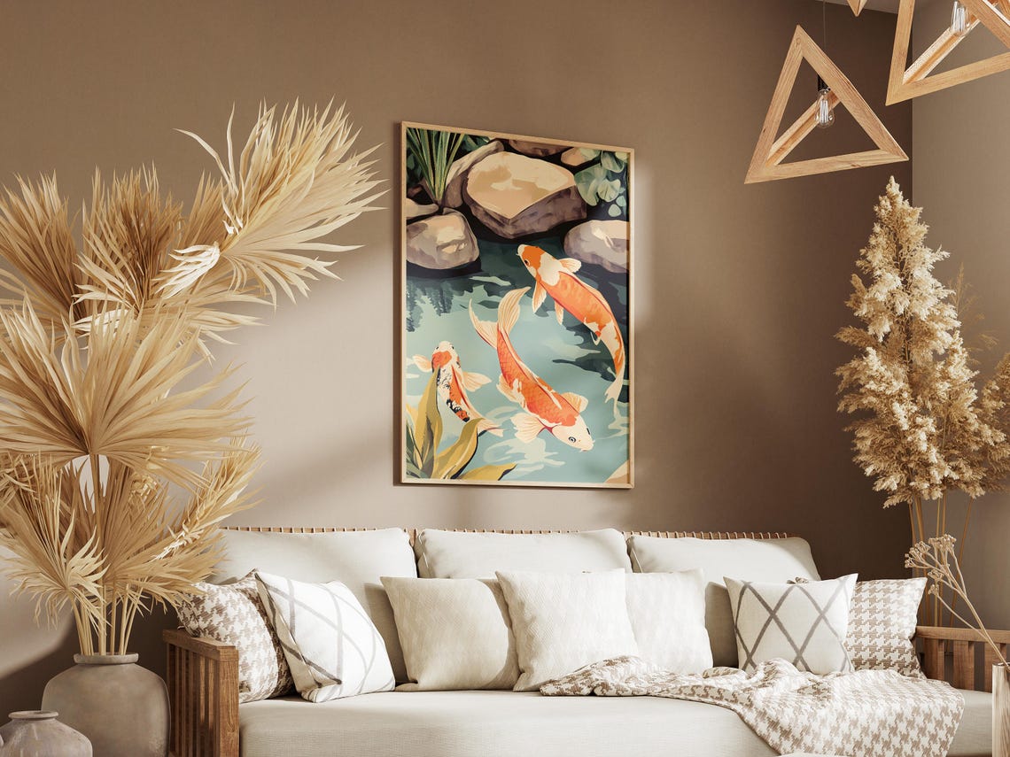 Three Orange Koi Fish Swimming in a Garden Pond Japanese Art Poster - Image 3