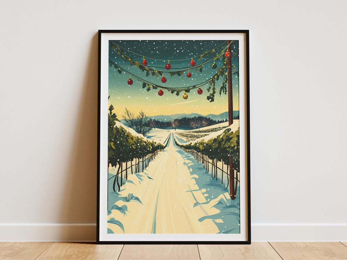 Snowy Vineyard Rows With Christmas Garland Festive Winter Poster