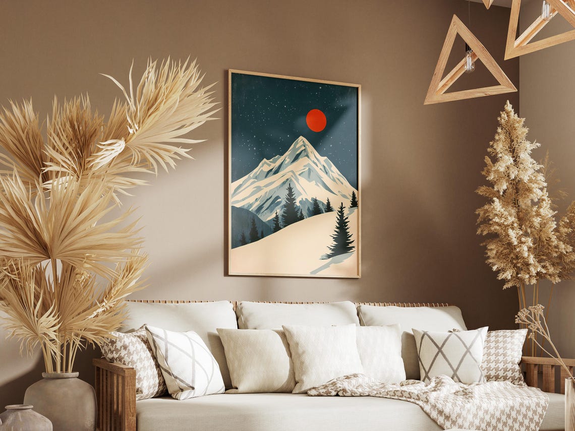 Big Red Sun Over Snowy Mountain Peak Pine Forest Winter Poster - Image 3