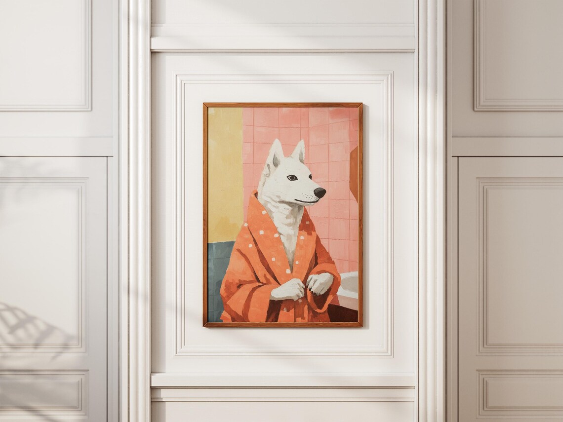 White Dog In Orange Polka Dot Bathrobe Poster Funny Pet Bathroom Art - Image 2