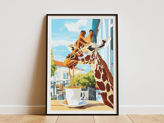 Giraffe Coffee Poster Cafe Wall Art Animal Lover Gift Quirky Print Shop Decor Funny Illustration Modern