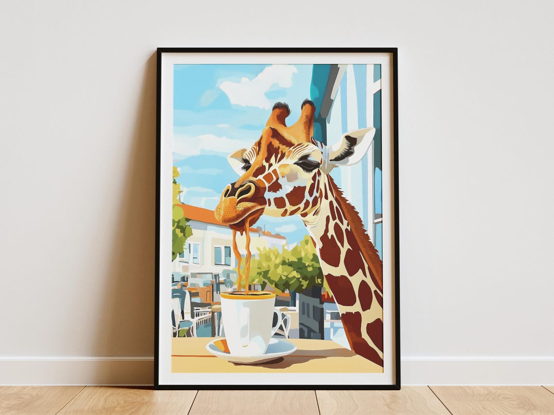 Giraffe Coffee Poster Cafe Wall Art Animal Lover Gift Quirky Print Shop Decor Funny Illustration Modern