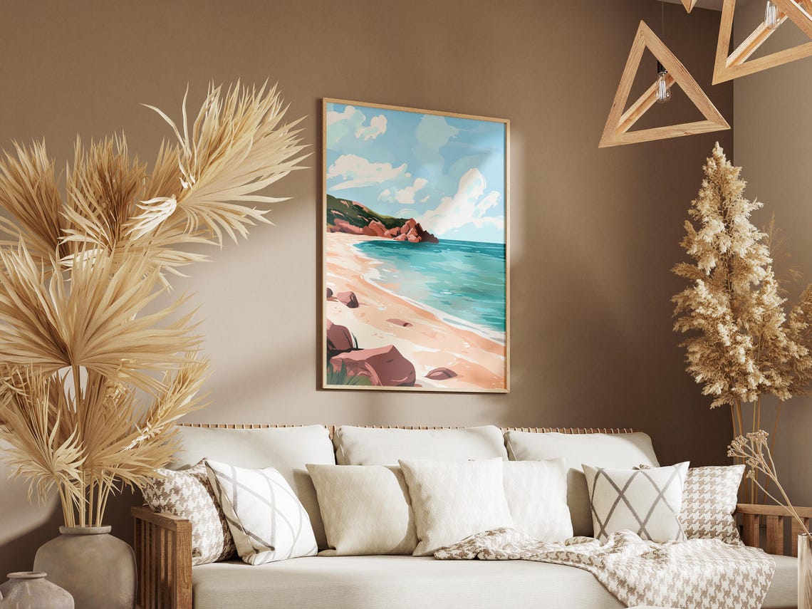 Sunny Beach Cove With Pink Rocks and Sparkling Turquoise Sea Poster - Image 3