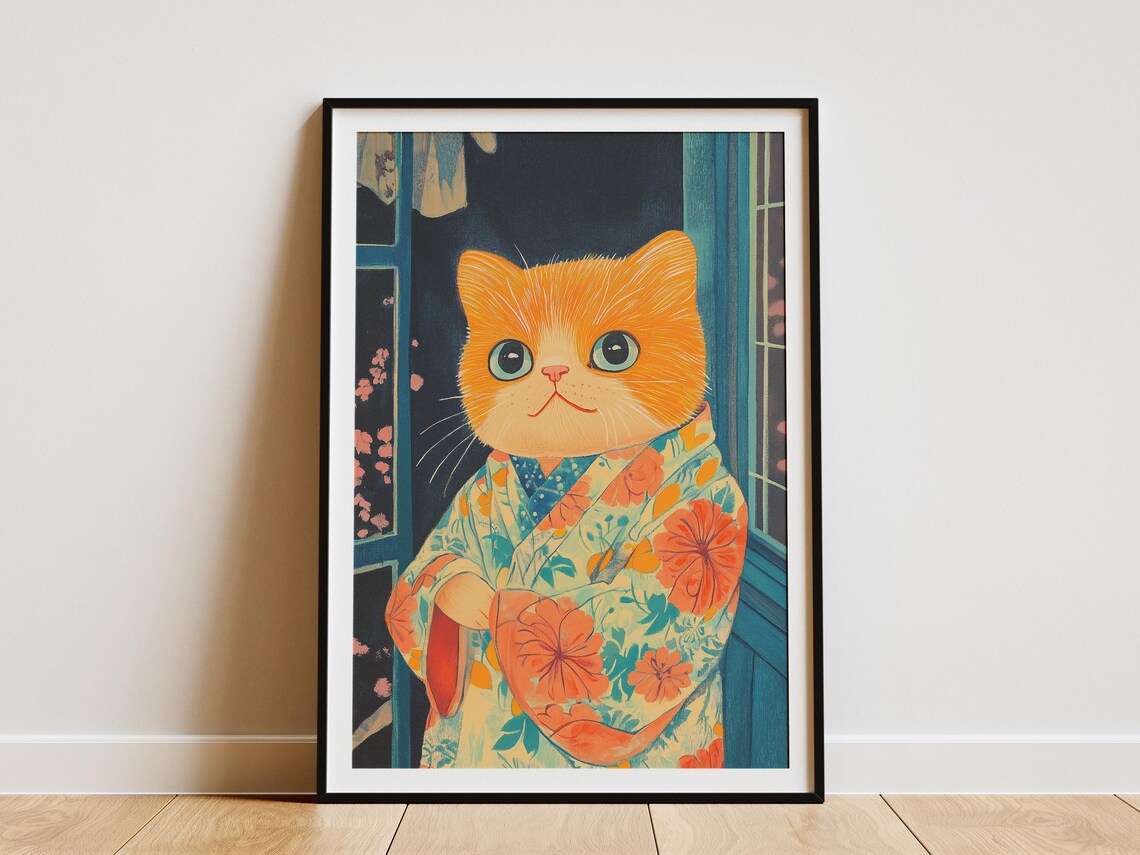 Orange Kitten in Floral Kimono Japanese Night Window Art Poster