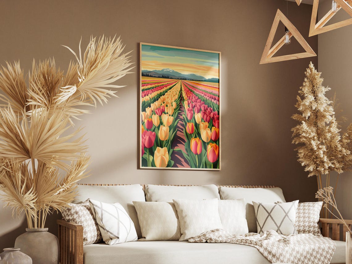 Tulip Field Rows At Sunset With Distant Snowcapped Mountain Poster - Image 3