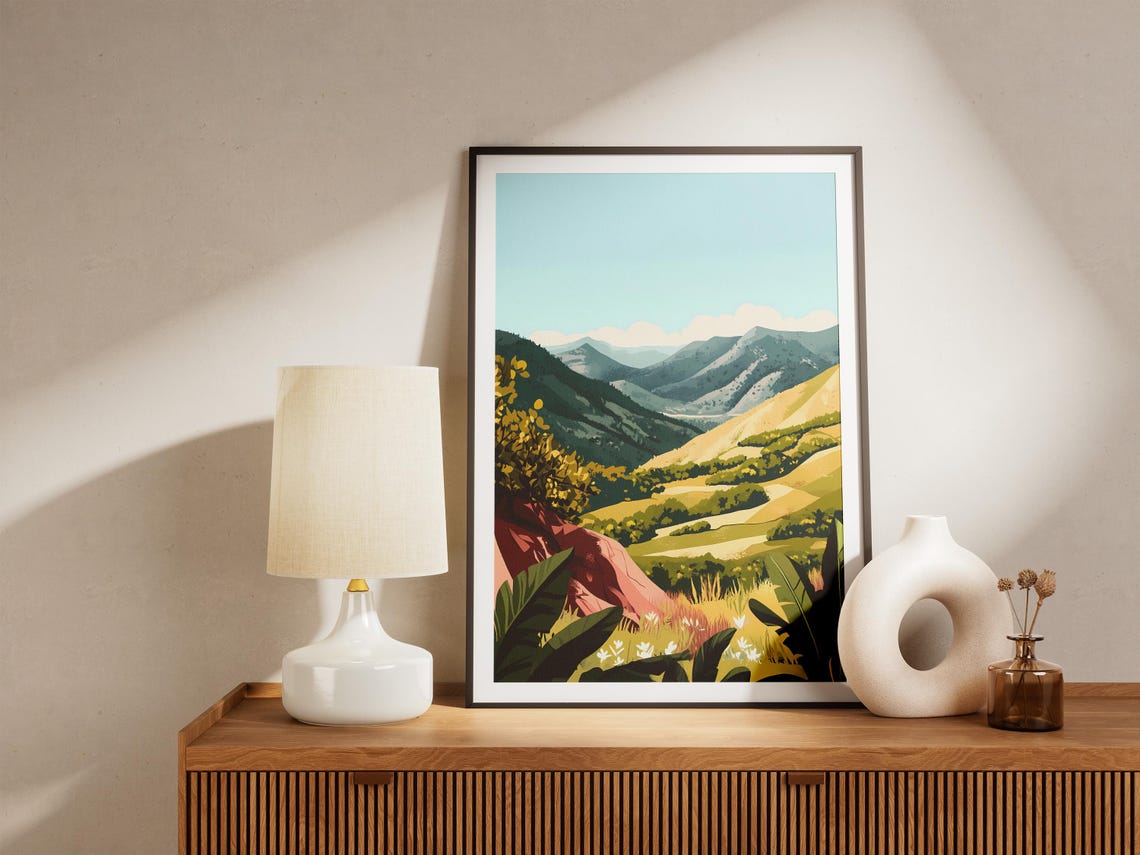 Sunlit Golden Valley Between Green Mountains Landscape Poster - Image 5