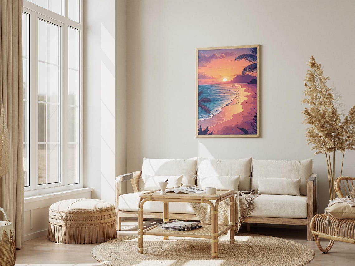 Pink Orange Sunset Beach Palms Ocean Waves Illustration Poster - Image 4