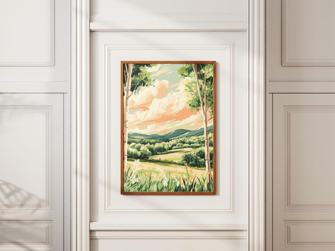 Spring Valley View Between Birch Trees Peach Clouds Landscape Poster - Image 2