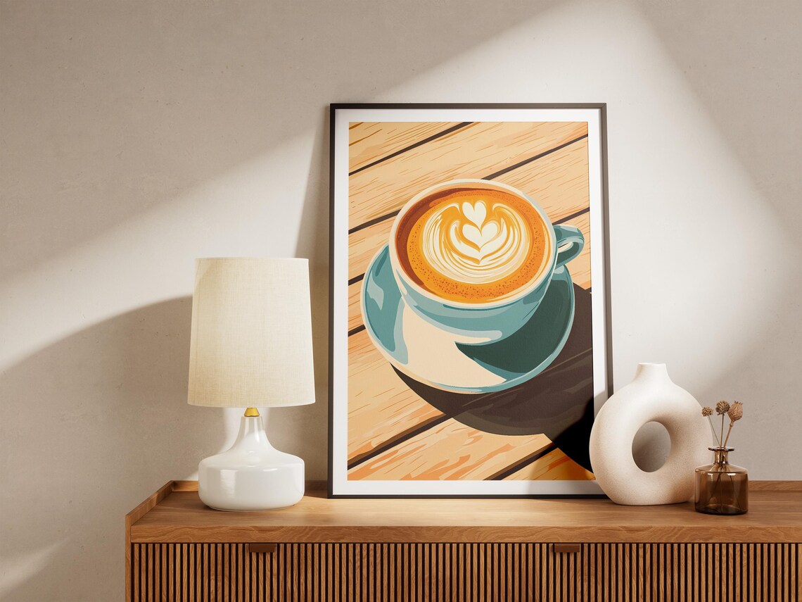 Morning Heart Latte Art Teal Cup Sunlit Wooden Table Coffee Poster - Image 5