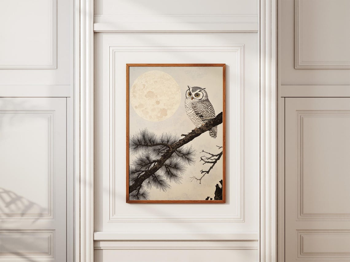 Owl Perched on Pine Branch Beneath Full Moon Japanese Art Poster - Image 2