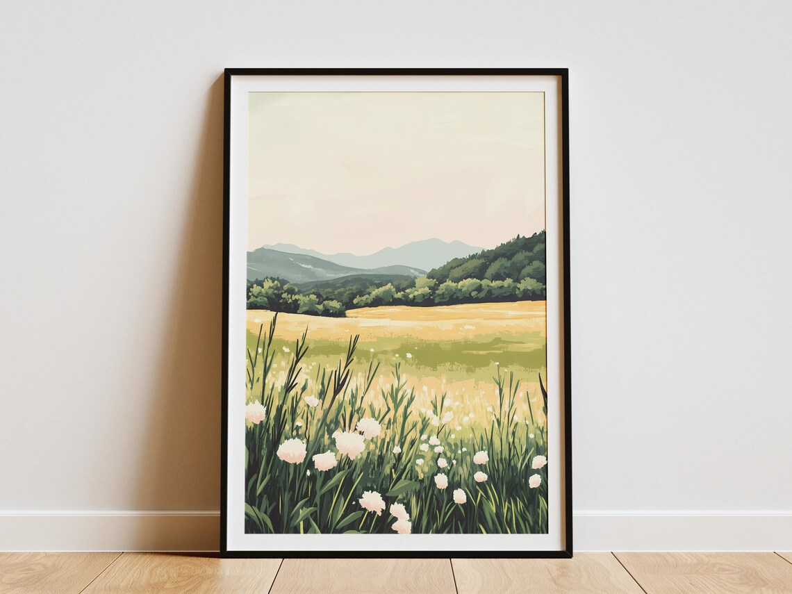 Wildflower Meadow Leading to a Golden Field Mountain Vista Poster