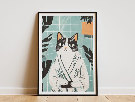 Norwegian Forest Cat Bathrobe Art Print Funny Poster Bathroom Wall Lover Gift Quirky Home Decor Novelty Animal