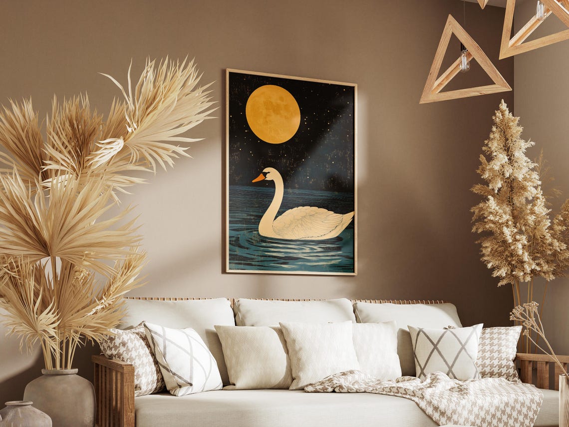 White Swan Swimming Under Golden Full Moon Starry Night Poster - Image 3