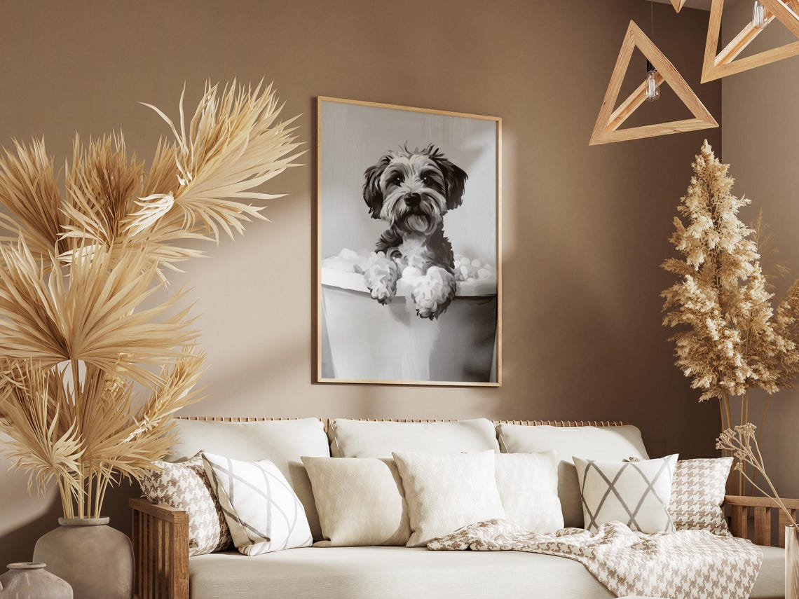 Havanese Puppy in Bubble Bath Black and White Cute Dog Decor Poster - Image 3