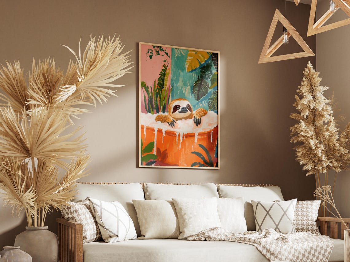 Sloth Bubble Bath Orange Tub Tropical Leaf Bathroom Fun Poster - Image 3