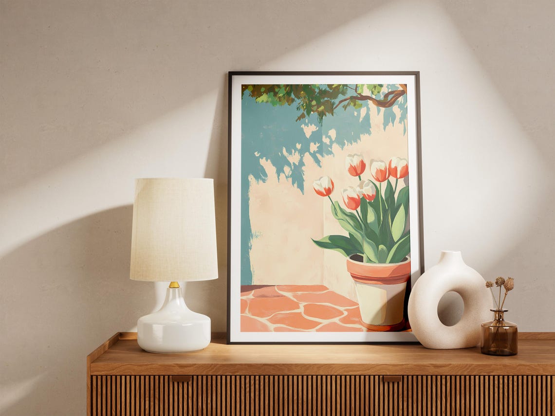 Red And White Tulips In Pot On Sunny Terracotta Patio Poster - Image 5