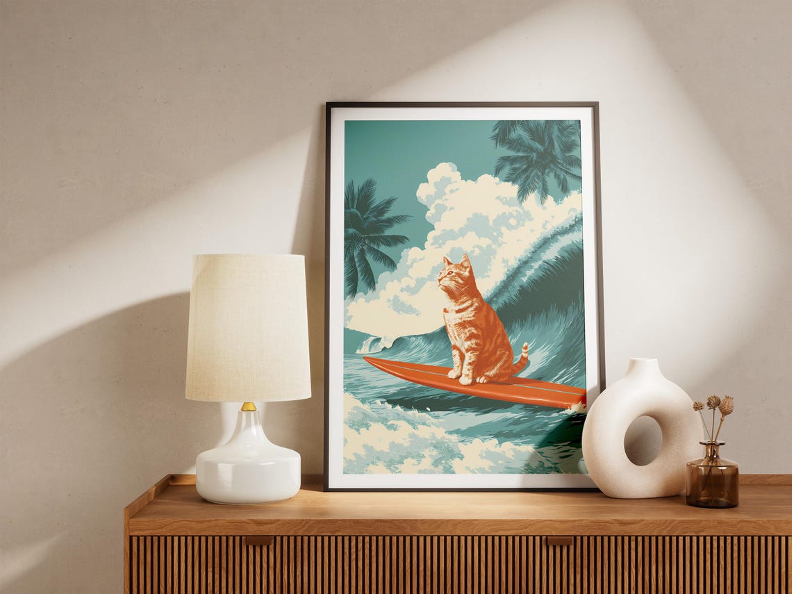 Orange Tabby Cat Surfing Huge Tropical Wave Beach Art Poster - Image 4