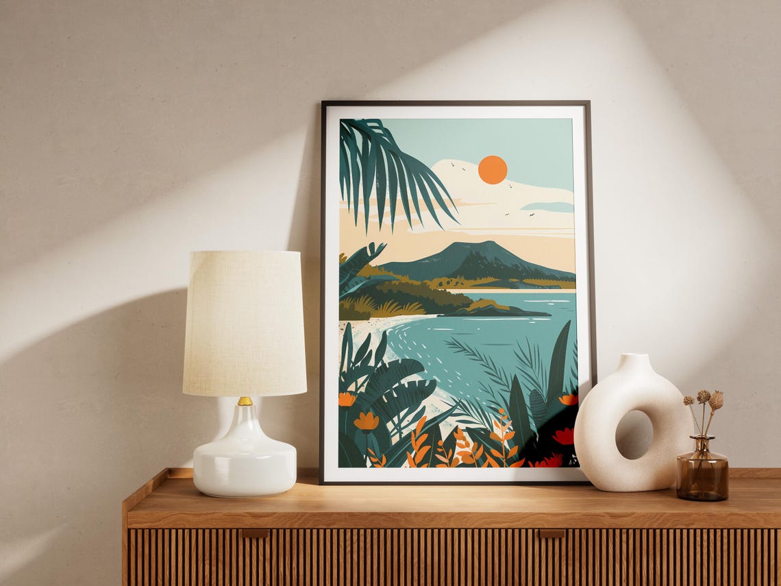 Jeju Island South Korea Tropical Beach Palms Mountain Sunset Poster - Image 2