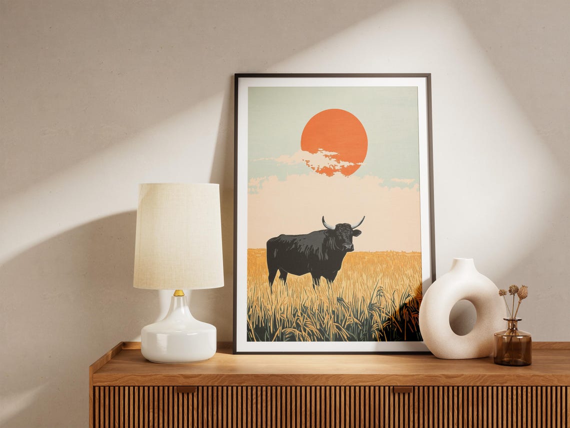 Black Bull in Golden Field at Sunrise Minimalist Asian Art Poster - Image 5