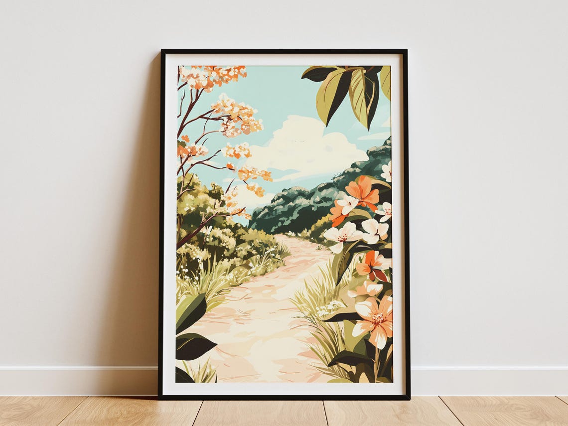 Winding Hillside Path With Blooming Trees Landscape Art Poster