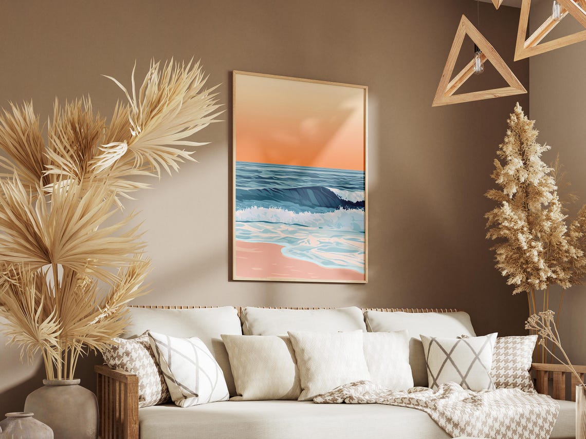 Blue Waves Breaking With Foam on a Pink Sand Beach at Sunset Poster - Image 3