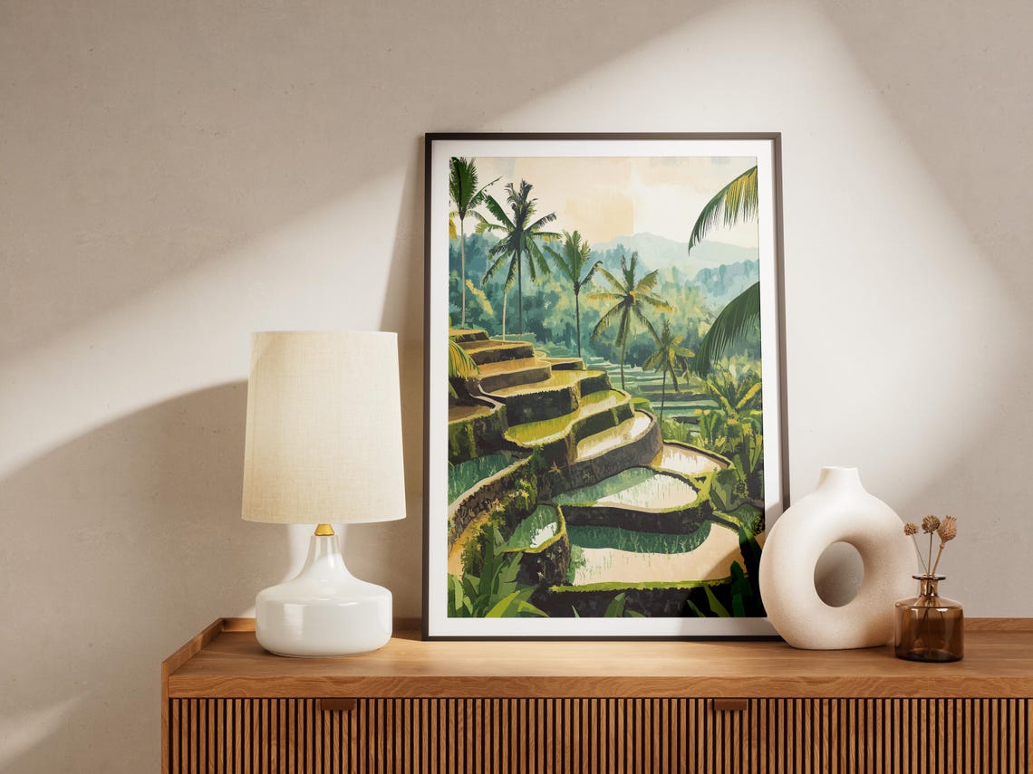 Flooded Rice Terraces with Palm Trees Tropical Landscape Poster - Image 4