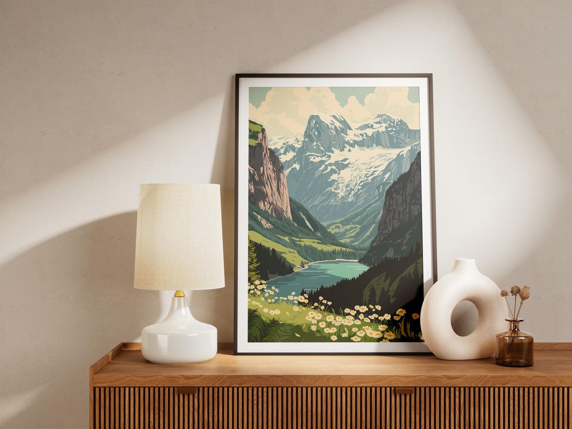 Snow Capped Alpine Peak Above A Turquoise Lake Travel Poster - Image 5
